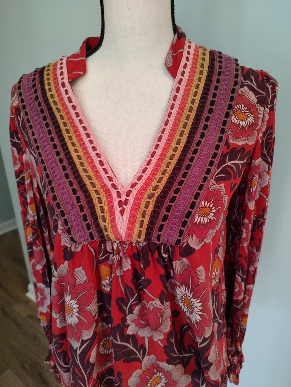 Bl^nk London X Anthropologie Stephanie Red Floral Embroidered V-Neck Top - Picture 3 of 11